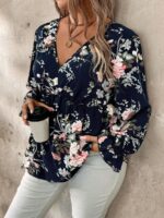 SHEIN GRANDE TAILLE (44/46/48/50/52/54) Haut grande taille – Imprimé floral, manches fendues, col V E141 https://sheinstyle.store original Algerie DZ