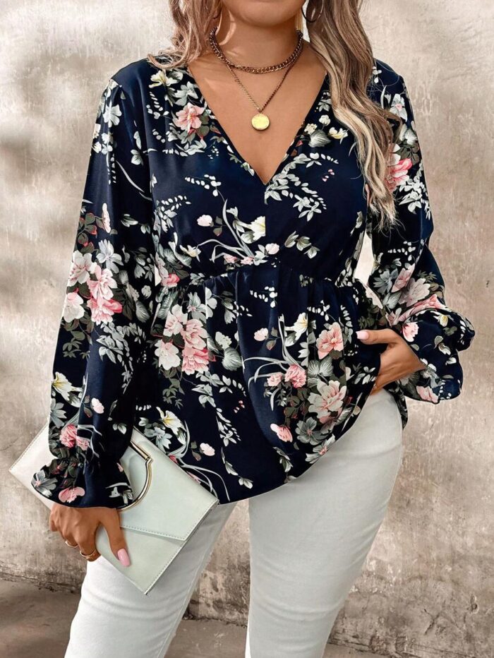 SHEIN GRANDE TAILLE (44/46/48/50/52/54) Haut grande taille – Imprimé floral, manches fendues, col V E141 https://sheinstyle.store original Algerie DZ