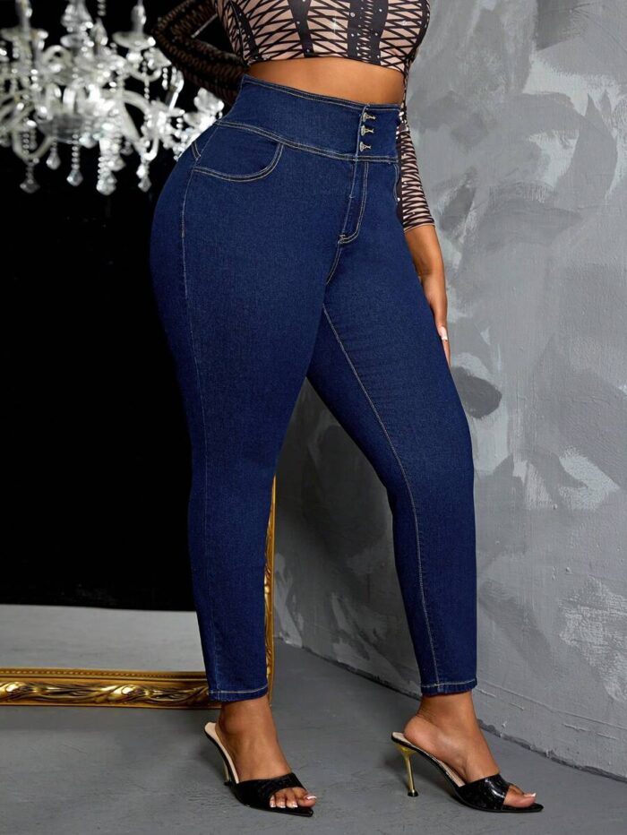 SHEIN GRANDE TAILLE (44/46/48/50/52/54) -Jean skinny  – Taille haute, bleu foncé, coupe ajustée, grande taille E147 https://sheinstyle.store original Algerie DZ