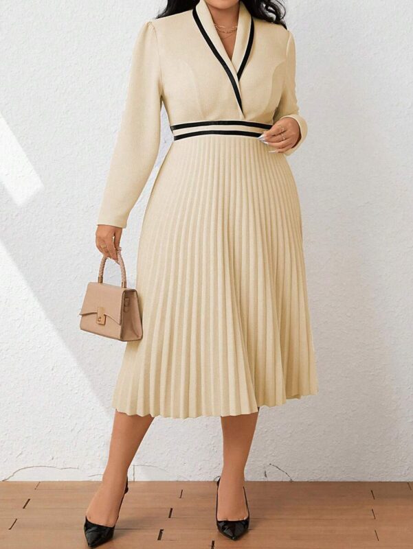 SHEIN GRANDE TAILLE (44/46/48/50/52/54) Robe élégante taille haute plissée – Manches longues, coupe fluide E135 https://sheinstyle.store original Algerie DZ