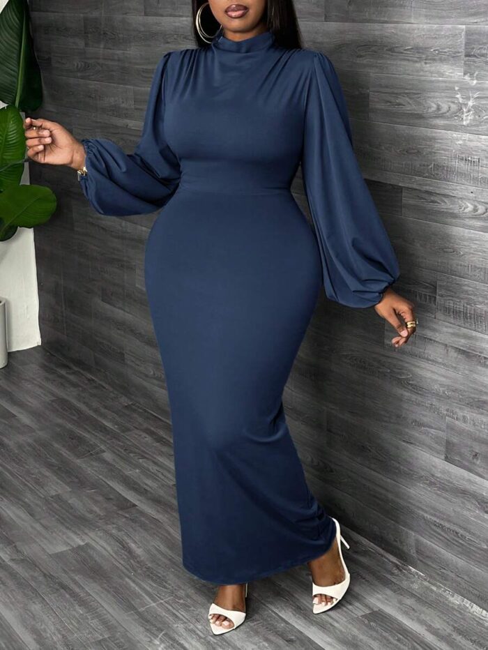 Robe maxi moulante SHEIN – Bleu marine, manches lanternes, col montant, grande taille E150 https://sheinstyle.store original Algerie DZ