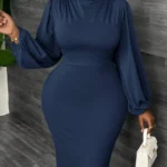 SHEIN GRANDE TAILLE (44/46/48/50/52/54) -Robe maxi moulante – Bleu marine, manches lanternes, col montant, grande taille E150 https://sheinstyle.store original Algerie DZ