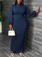 Robe maxi moulante SHEIN – Bleu marine, manches lanternes, col montant, grande taille E150 https://sheinstyle.store original Algerie DZ