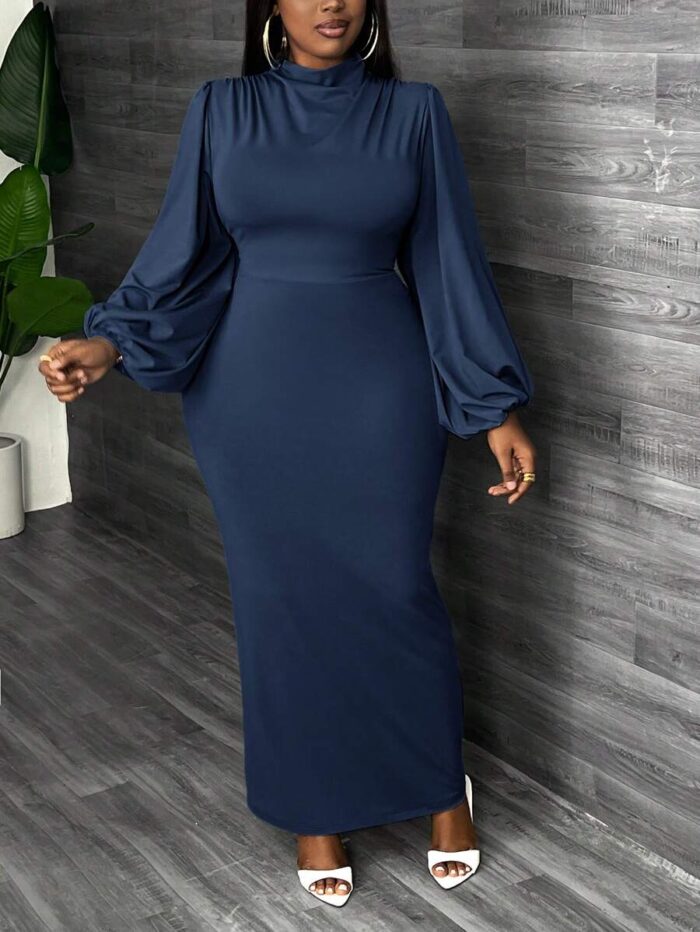 Robe maxi moulante SHEIN – Bleu marine, manches lanternes, col montant, grande taille E150 https://sheinstyle.store original Algerie DZ