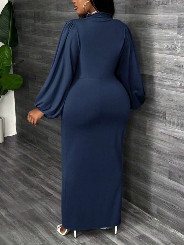 Robe maxi moulante SHEIN – Bleu marine, manches lanternes, col montant, grande taille E150 https://sheinstyle.store original Algerie DZ