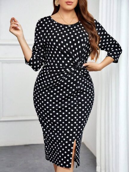 SHEIN GRANDE TAILLE (44/46/48/50/52/54)  – Robe à pois fendue, taille haute, grande taille V59 https://sheinstyle.store original Algerie DZ