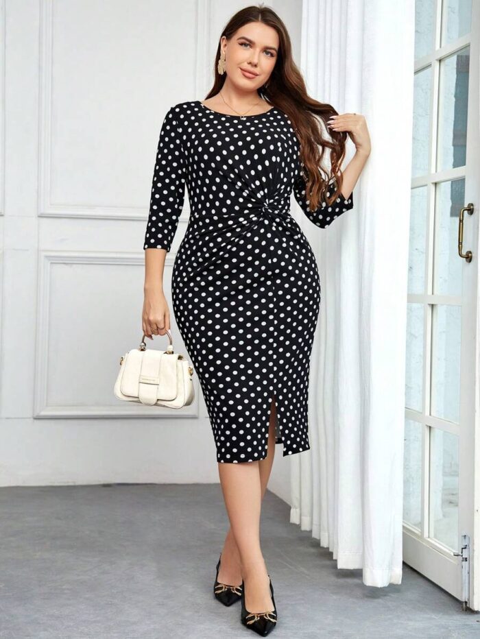 SHEIN GRANDE TAILLE (44/46/48/50/52/54)  – Robe à pois fendue, taille haute, grande taille V59 https://sheinstyle.store original Algerie DZ