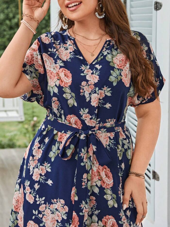 SHEIN GRANDE TAILLE (50/52/54)  – Robe bohème grande taille, imprimé fleuri, manches chauve-souris, ceinturée V91 https://sheinstyle.store original Algerie DZ