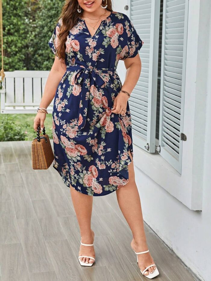SHEIN GRANDE TAILLE (50/52/54)  – Robe bohème grande taille, imprimé fleuri, manches chauve-souris, ceinturée V91 https://sheinstyle.store original Algerie DZ