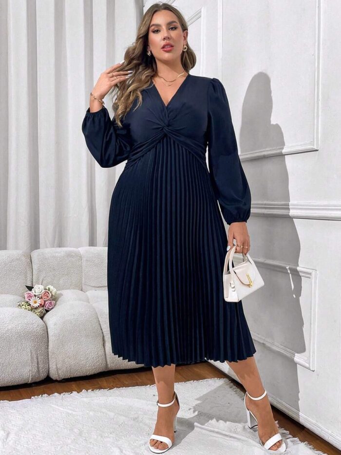 SHEIN GRANDE TAILLE (44/46/48/50/52/54)  – Robe coupe A à manches lanterne, unie avec nœud twisté, mi-longue, grande taille E157 https://sheinstyle.store original Algerie DZ