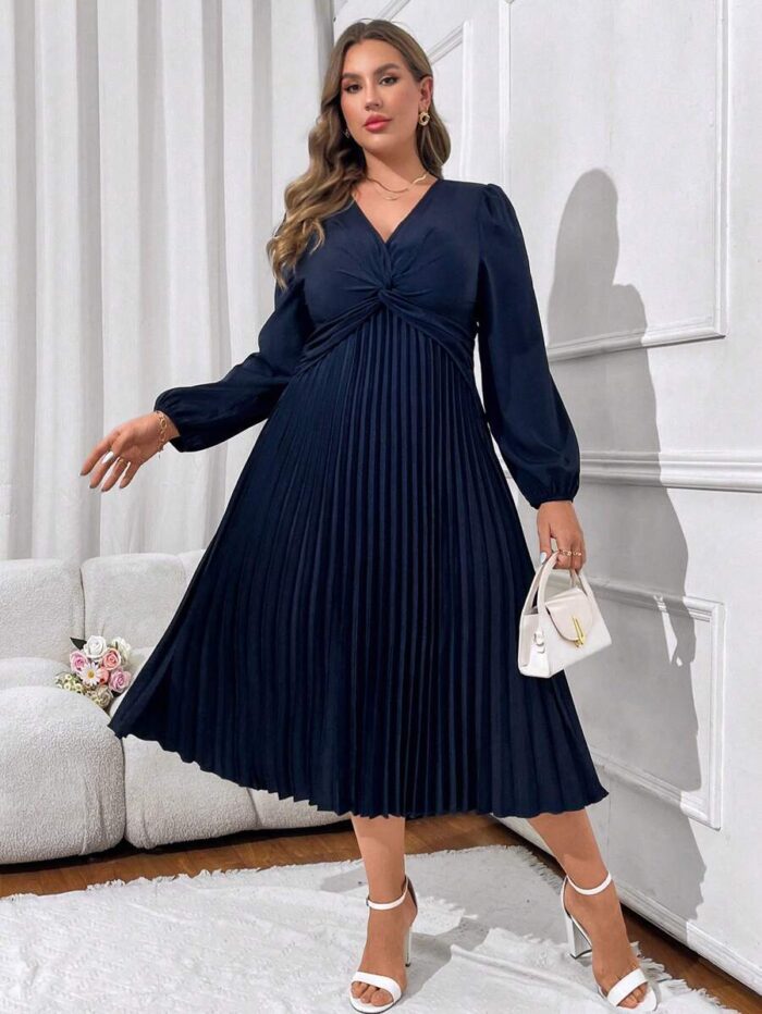 SHEIN GRANDE TAILLE (44/46/48/50/52/54)  – Robe coupe A à manches lanterne, unie avec nœud twisté, mi-longue, grande taille E157 https://sheinstyle.store original Algerie DZ