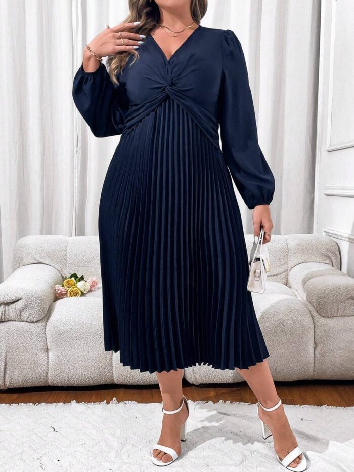 SHEIN GRANDE TAILLE (44/46/48/50/52/54)  – Robe coupe A à manches lanterne, unie avec nœud twisté, mi-longue, grande taille E157 https://sheinstyle.store original Algerie DZ