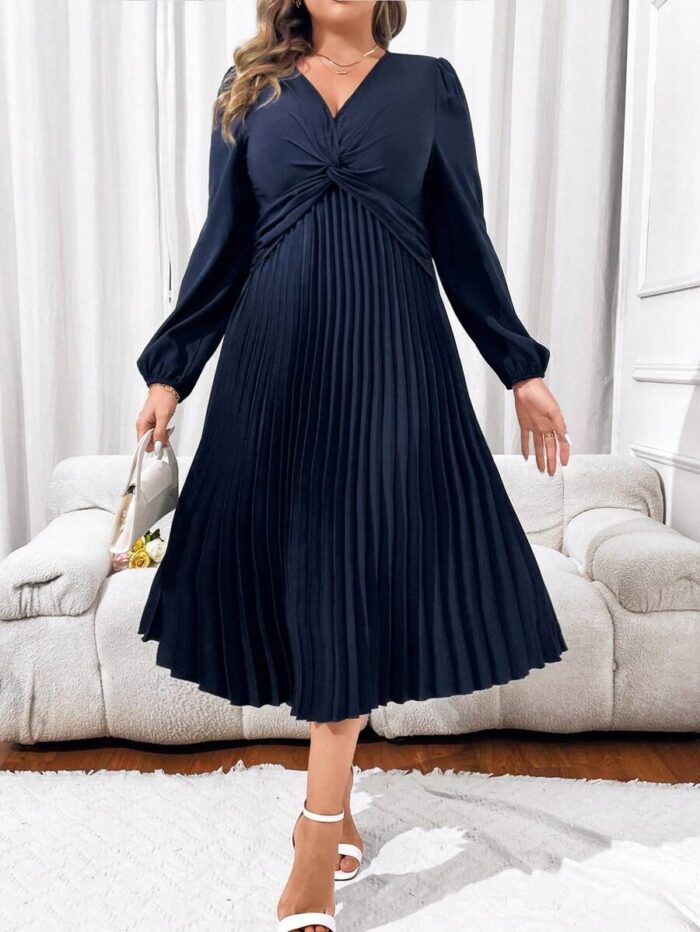 SHEIN GRANDE TAILLE (44/46/48/50/52/54)  – Robe coupe A à manches lanterne, unie avec nœud twisté, mi-longue, grande taille E157 https://sheinstyle.store original Algerie DZ