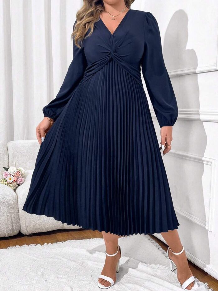 SHEIN GRANDE TAILLE (44/46/48/50/52/54)  – Robe coupe A à manches lanterne, unie avec nœud twisté, mi-longue, grande taille E157 https://sheinstyle.store original Algerie DZ