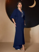 SHEIN GRANDE TAILLE (44/46/48/50/52/54)  – Robe de soirée grande taille, manches brodées de perles, élégante et fluide E48 https://sheinstyle.store original Algerie DZ