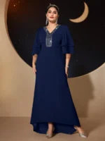 SHEIN GRANDE TAILLE (44/46/48/50/52/54)  – Robe de soirée grande taille, manches brodées de perles, élégante et fluide E48 https://sheinstyle.store original Algerie DZ