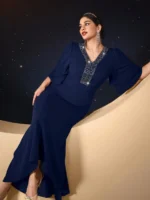 SHEIN GRANDE TAILLE (44/46/48/50/52/54)  – Robe de soirée grande taille, manches brodées de perles, élégante et fluide E48 https://sheinstyle.store original Algerie DZ