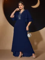 SHEIN GRANDE TAILLE (44/46/48/50/52/54)  – Robe de soirée grande taille, manches brodées de perles, élégante et fluide E48 https://sheinstyle.store original Algerie DZ