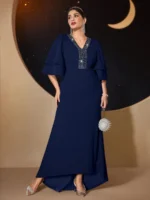 SHEIN GRANDE TAILLE (44/46/48/50/52/54)  – Robe de soirée grande taille, manches brodées de perles, élégante et fluide E48 https://sheinstyle.store original Algerie DZ