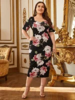 SHEIN GRANDE TAILLE (44/46/48/50/52/54)  – Robe longue grande taille, imprimé fleuri, col cœur E1 https://sheinstyle.store original Algerie DZ