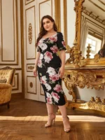 SHEIN GRANDE TAILLE (44/46/48/50/52/54)  – Robe longue grande taille, imprimé fleuri, col cœur E1 https://sheinstyle.store original Algerie DZ