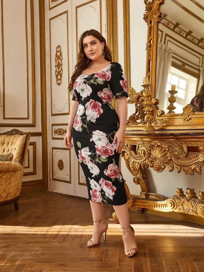 SHEIN GRANDE TAILLE (44/46/48/50/52/54)  – Robe longue grande taille, imprimé fleuri, col cœur E1 https://sheinstyle.store original Algerie DZ