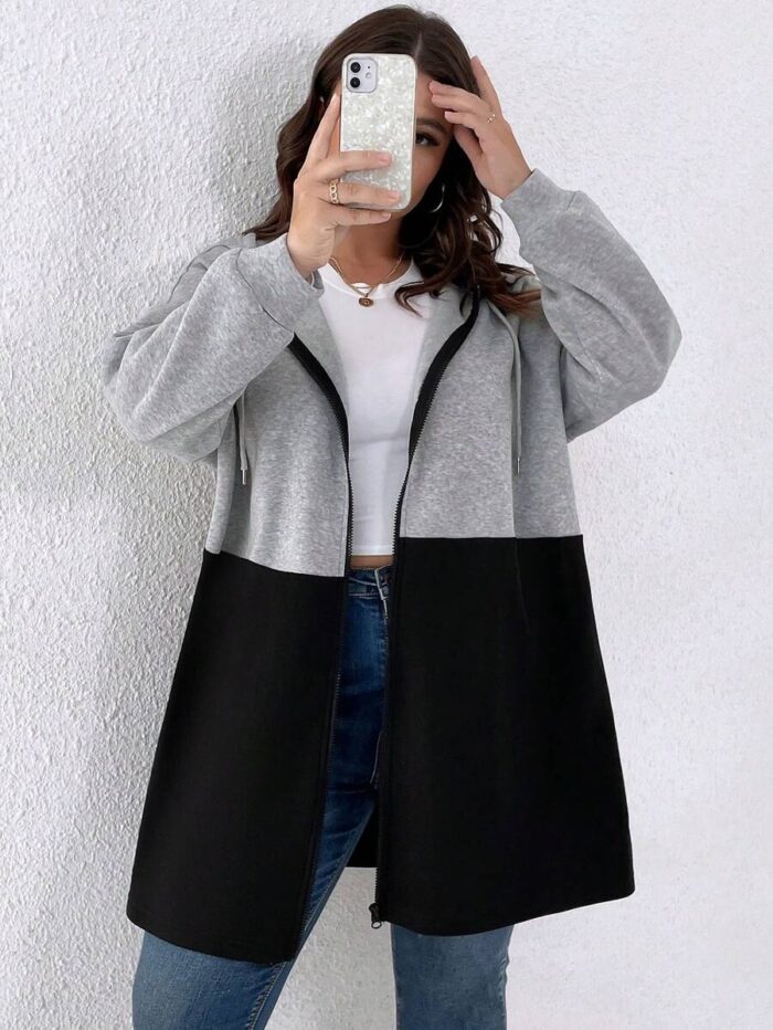 SHEIN GRANDE TAILLE (44/46/48/50/52/54) veste casual bicolore à capuche – Coupe oversize, fermeture zippée, gris bleu E136 https://sheinstyle.store original Algerie DZ