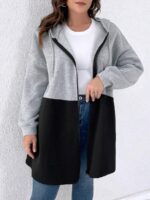 SHEIN GRANDE TAILLE (44/46/48/50/52/54) veste casual bicolore à capuche – Coupe oversize, fermeture zippée, gris bleu E136 https://sheinstyle.store original Algerie DZ
