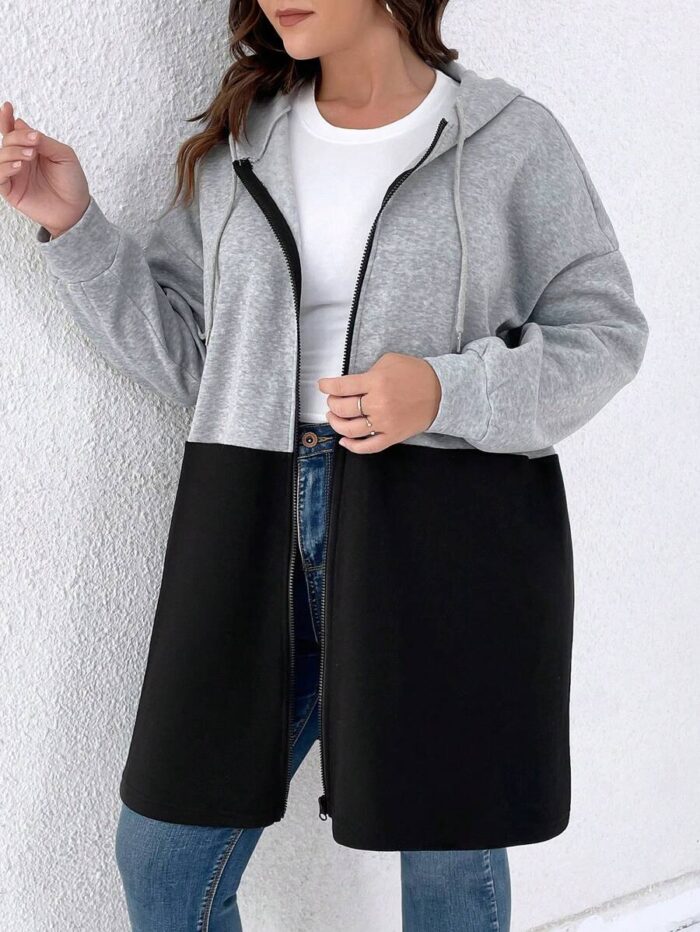 SHEIN GRANDE TAILLE (44/46/48/50/52/54) veste casual bicolore à capuche – Coupe oversize, fermeture zippée, gris bleu E136 https://sheinstyle.store original Algerie DZ