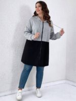 SHEIN GRANDE TAILLE (44/46/48/50/52/54) veste casual bicolore à capuche – Coupe oversize, fermeture zippée, gris bleu E136 https://sheinstyle.store original Algerie DZ
