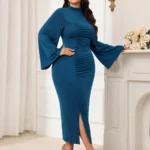 SHEIN GRANDE TAILLE (48/50/52/54) – Robe de soirée grande taille, longue, à col montant et manches longues, coupe moulante E164 https://sheinstyle.store original Algerie DZ