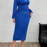 SHEIN GRANDE TAILLE (44/46/48/50/52/54) – Robe longue grande taille à coupe A, manches longues, col V profond, taille froncée E165 https://sheinstyle.store original Algerie DZ