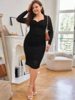 SHEIN GRANDE TAILLE (44/46/48/50/52/54) – Robe moulante à encolure cœur et empiècements en tulle plissé – Élégance féminine assurée E168 https://sheinstyle.store original Algerie DZ