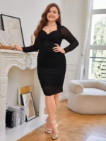SHEIN GRANDE TAILLE (44/46/48/50/52/54) – Robe moulante à encolure cœur et empiècements en tulle plissé – Élégance féminine assurée E168 https://sheinstyle.store original Algerie DZ