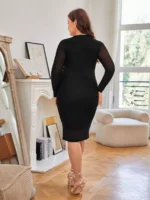 SHEIN GRANDE TAILLE (44/46/48/50/52/54) – Robe moulante à encolure cœur et empiècements en tulle plissé – Élégance féminine assurée E168 https://sheinstyle.store original Algerie DZ