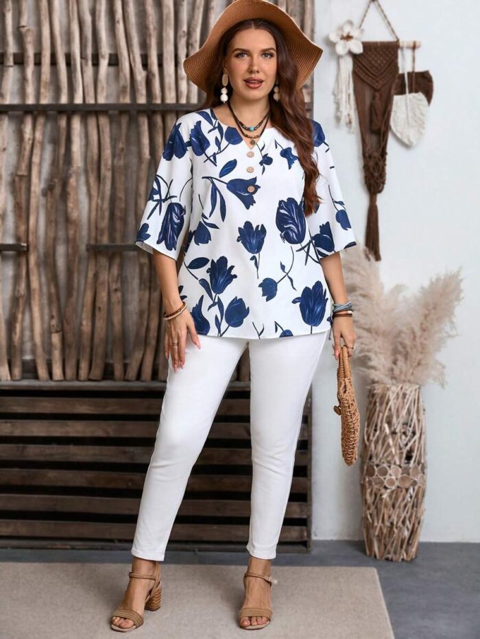 SHEIN GRANDE TAILLE (44/46/48/50/52/54) – Blouse fleurie boutonnée à manches courtes pour femme E181 https://sheinstyle.store original Algerie DZ