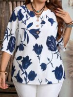 SHEIN GRANDE TAILLE (44/46/48/50/52/54) – Blouse fleurie boutonnée à manches courtes pour femme E181 https://sheinstyle.store original Algerie DZ