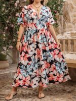 SHEIN GRANDE TAILLE (44/46/48/50/52/54) – Robe à fleurs avec encolure en V, manches volantées et taille haute E179 https://sheinstyle.store original Algerie DZ