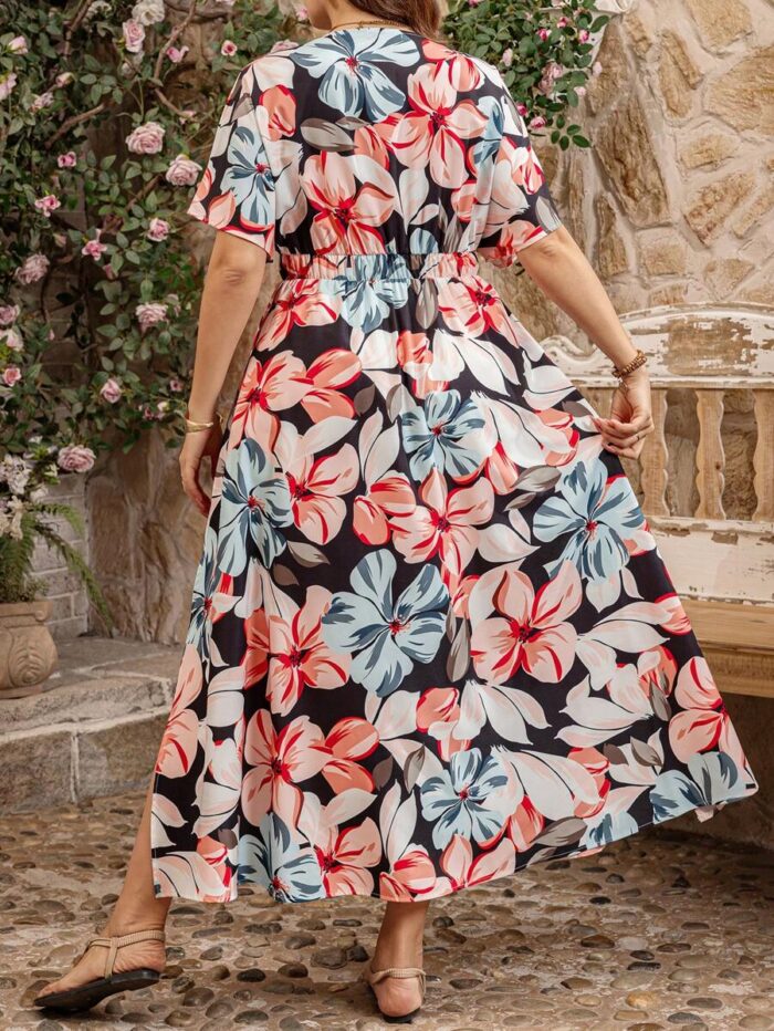 SHEIN GRANDE TAILLE (44/46/48/50/52/54) – Robe à fleurs avec encolure en V, manches volantées et taille haute E179 https://sheinstyle.store original Algerie DZ