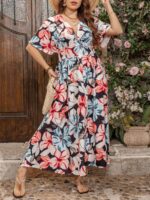 SHEIN GRANDE TAILLE (44/46/48/50/52/54) – Robe à fleurs avec encolure en V, manches volantées et taille haute E179 https://sheinstyle.store original Algerie DZ