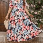 SHEIN GRANDE TAILLE (44/46/48/50/52/54) – Robe à fleurs avec encolure en V, manches volantées et taille haute E179 https://sheinstyle.store original Algerie DZ