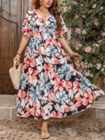 SHEIN GRANDE TAILLE (44/46/48/50/52/54) – Robe à fleurs avec encolure en V, manches volantées et taille haute E179 https://sheinstyle.store original Algerie DZ