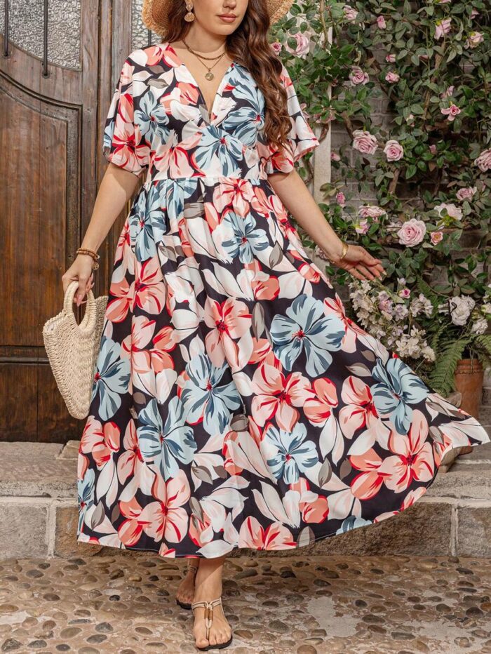 SHEIN GRANDE TAILLE (44/46/48/50/52/54) – Robe à fleurs avec encolure en V, manches volantées et taille haute E179 https://sheinstyle.store original Algerie DZ