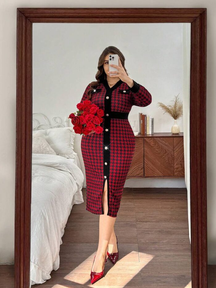SHEIN GRANDE TAILLE (44/46/48/50/52/54) – Robe élégante boutonnée à encolure en V et manches longues – Style chic et confortable E162 https://sheinstyle.store original Algerie DZ