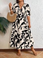 SHEIN GRANDE TAILLE (48/50/52/54) – Robe longue bohème à imprimé feuilles et col V E180 https://sheinstyle.store original Algerie DZ