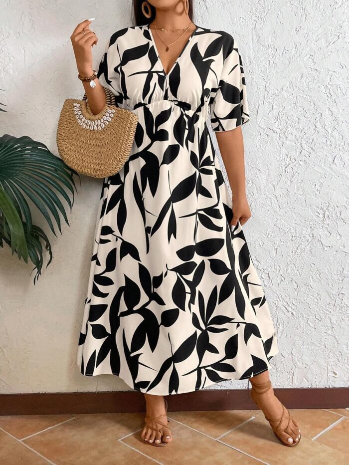 SHEIN GRANDE TAILLE (48/50/52/54) – Robe longue bohème à imprimé feuilles et col V E180 https://sheinstyle.store original Algerie DZ