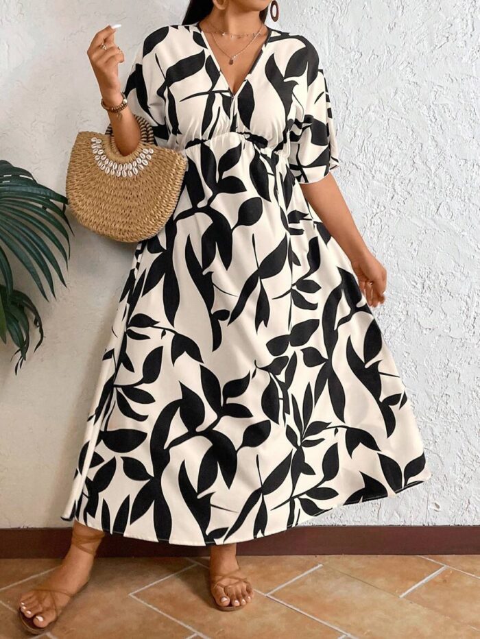 SHEIN GRANDE TAILLE (48/50/52/54) – Robe longue bohème à imprimé feuilles et col V E180 https://sheinstyle.store original Algerie DZ