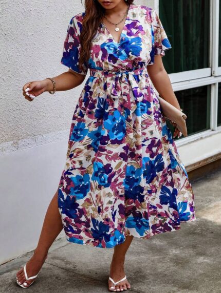SHEIN GRANDE TAILLE (44/46/48/50/52/54) – Robe maxi fleurie à col en V avec ceinture E182 https://sheinstyle.store original Algerie DZ