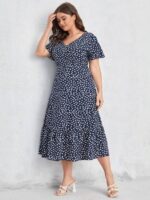 SHEIN GRANDE TAILLE (44/46/48/50/52/54) – Robe maxi fluide noire à imprimé intégral et ourlet à volants E183 https://sheinstyle.store original Algerie DZ