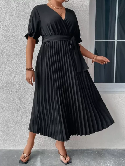 SHEIN GRANDE TAILLE (44/46/48) – Robe longue avec col français, manches bouffantes et ceinture intégrée E18 https://sheinstyle.store original Algerie DZ